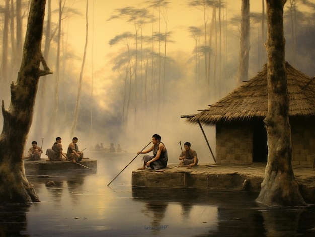 Obraz przedstawiający mężczyzn wiosłujących w dżungli z chatą w tle.