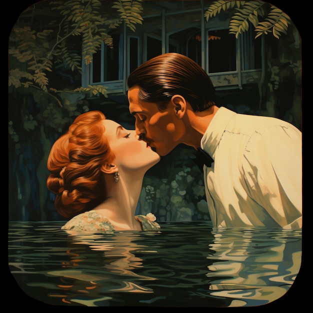 obraz przedstawiający mężczyznę całującego kobietę w jeziorze