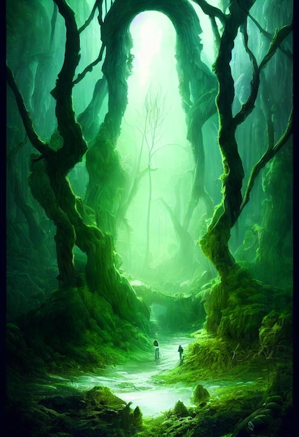 Obraz przedstawiający mężczyznę i kobietę idących przez leśną generatywną ai
