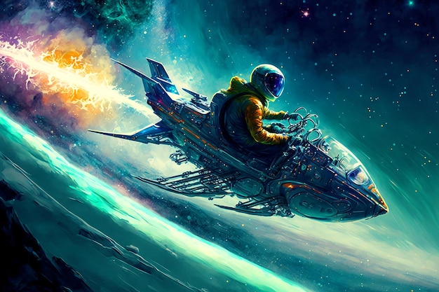 Obraz przedstawiający mężczyznę jadącego statkiem kosmicznym z napisem „kosmonauta”.