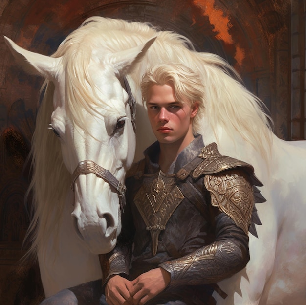 Obraz przedstawiający mężczyznę o blond włosach i białego konia