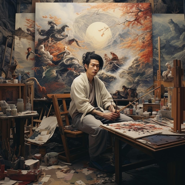 obraz przedstawiający mężczyznę siedzącego przed obrazem z napisem „sztuka chińska”.