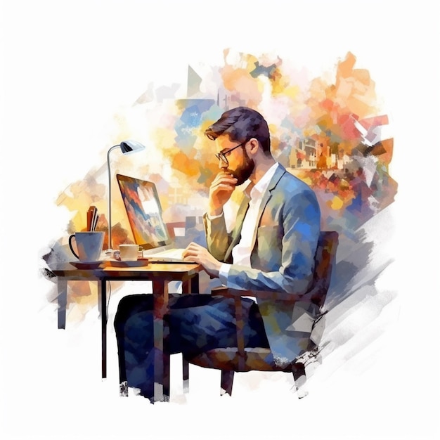 Obraz przedstawiający mężczyznę siedzącego przy stole z generatywną ai laptopa