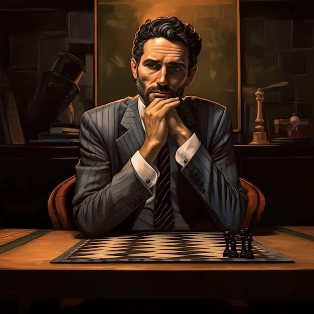 obraz przedstawiający mężczyznę w garniturze i krawacie siedzącego przy stole z szachownicą przed sobą.