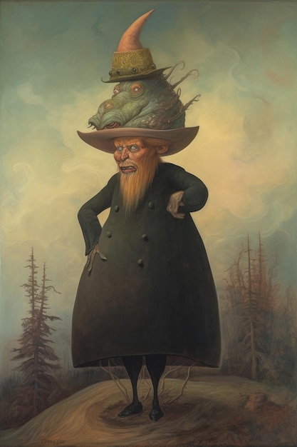Obraz przedstawiający mężczyznę w kapeluszu na głowie i dużym kapeluszu na głowie.