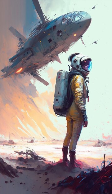 Obraz przedstawiający mężczyznę w skafandrze kosmicznym stojącego przed statkiem kosmicznym.