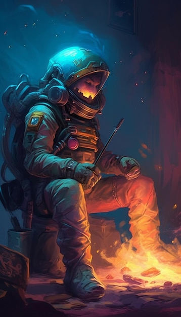 Obraz przedstawiający mężczyznę w skafandrze siedzącego na ognisku.