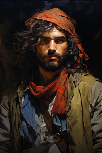 obraz przedstawiający mężczyznę z chustą na głowie kolorowe postacie 48