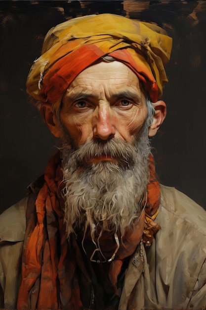 obraz przedstawiający mężczyznę z chustą na głowie kolorowe postacie 83