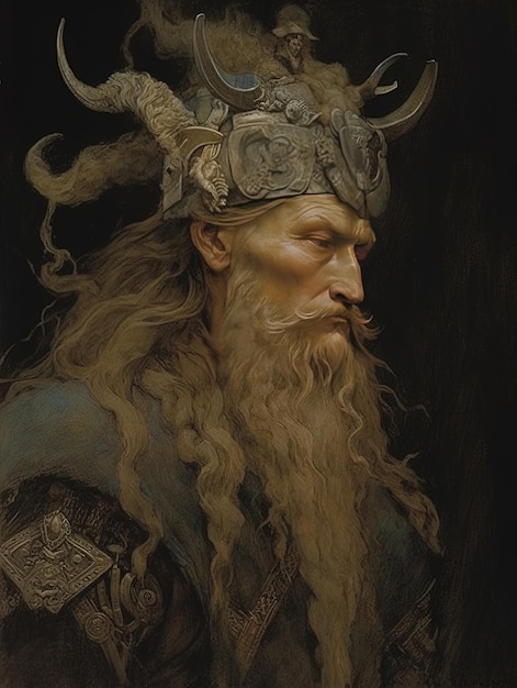 obraz przedstawiający mężczyznę z długą brodą i koroną.