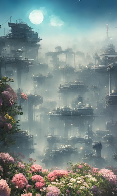 Obraz przedstawiający miasto z kwiatem pośrodku