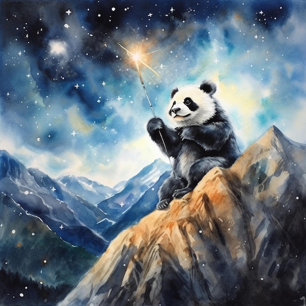 obraz przedstawiający misia pandę siedzącego na skale z brylantem w dłoni generatywną ai