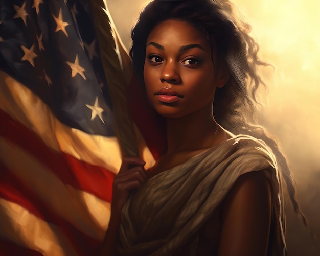 Obraz przedstawiający młodą, piękną Afroamerykankę obejmującą amerykańską flagę