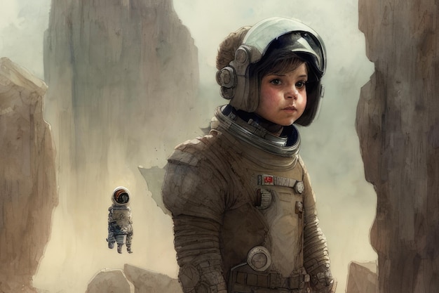 Obraz przedstawiający młodego astronautę w skafandrze kosmicznym.