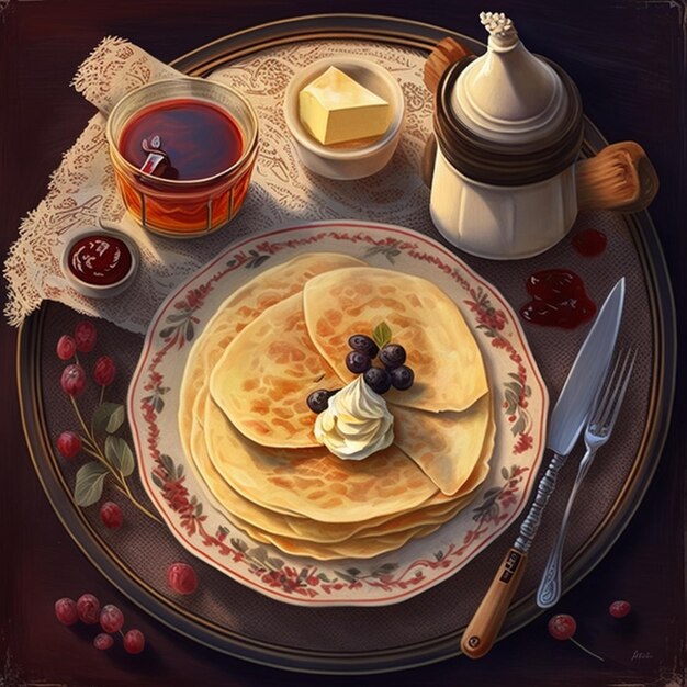 Obraz przedstawiający naleśniki i filiżankę herbaty z nożem i widelcem.