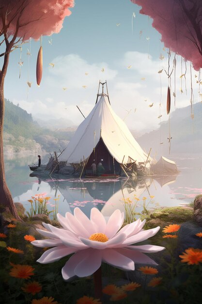Obraz przedstawiający namiot z kwiatem lotosu na pierwszym planie.