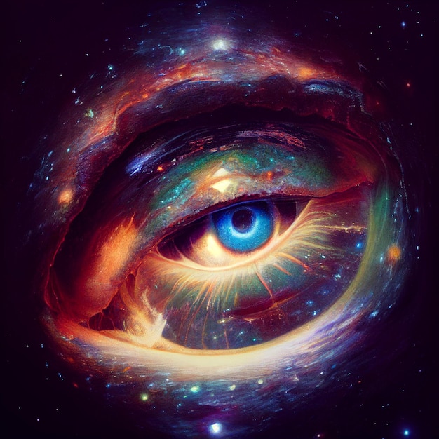 Obraz przedstawiający niebieskie oko na galaktycznym tle.