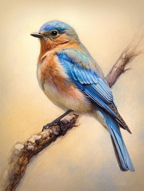 obraz przedstawiający niebieskiego ptaka z niebiesko-pomarańczowym skrzydłem.