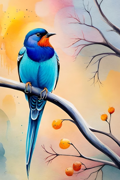 Obraz przedstawiający niebieskiego ptaka z żółtym tłem i napisem „ptak jest niebieski”