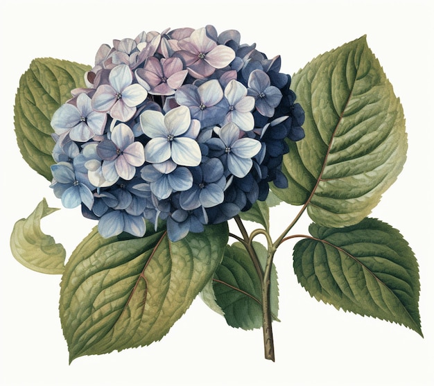 Obraz przedstawiający niebiesko-białą hortensję.