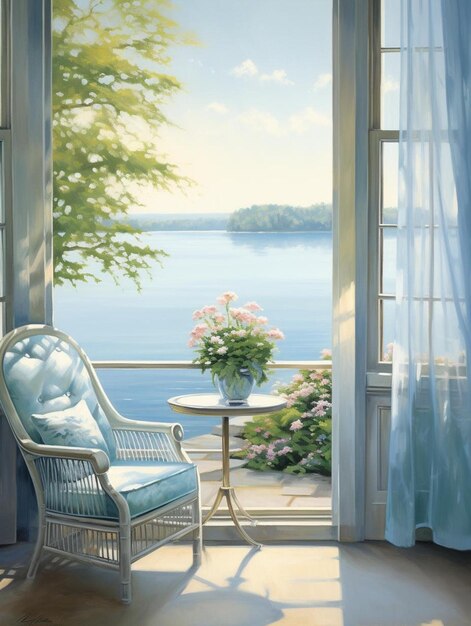 Zdjęcie obraz przedstawiający niebiesko-białe krzesło i stół z wazonem z kwiatami.