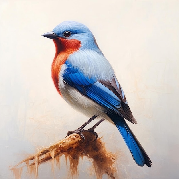 obraz przedstawiający niebiesko-czerwonego ptaka z niebiesko-białym ciałem.