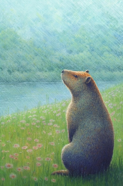 obraz przedstawiający niedźwiedzia siedzącego na polu trawy i patrzącego na generatywną sztuczną inteligencję