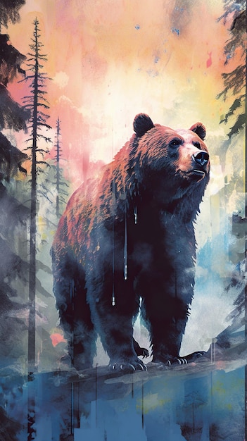 Obraz przedstawiający niedźwiedzia w lesie Obraz Generative AI