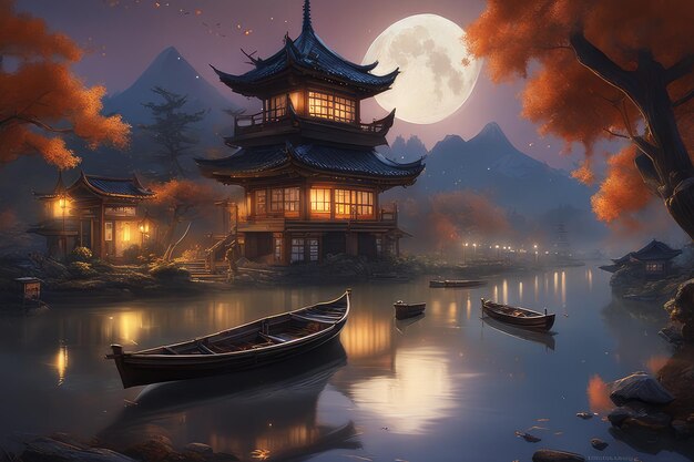 obraz przedstawiający nocną scenę z łodziami w wodzie