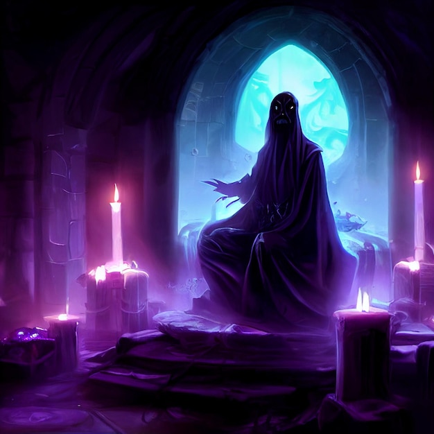 Obraz przedstawiający osobę w ciemnym pokoju ze świecami.