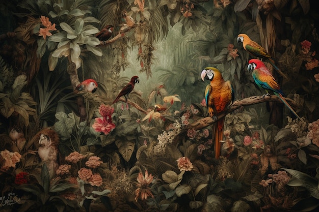 Obraz przedstawiający papugę w dżungli na zielonym tle.