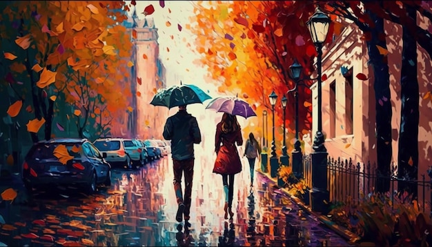 Obraz przedstawiający parę spacerującą w deszczu z parasolami
