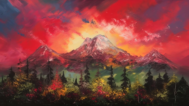 Obraz przedstawiający pasmo górskie z czerwonym niebem i napisem „ogień” na szczycie.