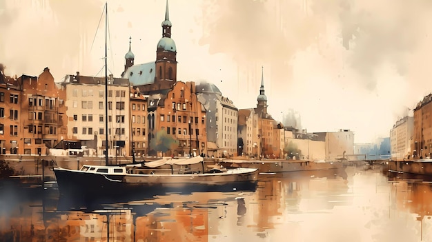 Obraz przedstawiający pejzaż miejski z łodzią na wodzie.