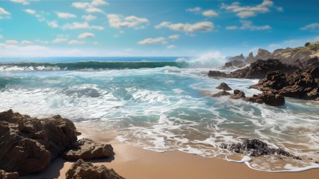 Obraz przedstawiający plażę z falami rozbijającymi się o brzeg.
