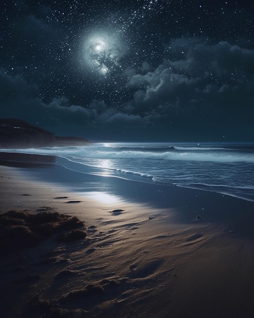 Obraz przedstawiający plażę z księżycem na niebie