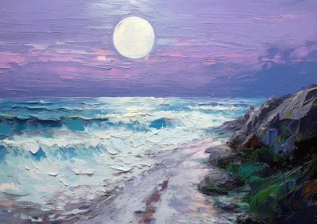 Obraz przedstawiający plażę z księżycem nad nią