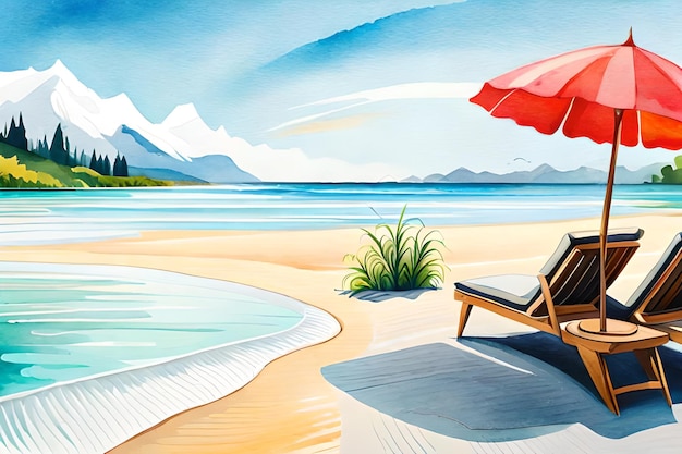 Obraz przedstawiający plażę z leżakiem i czerwonym parasolem.