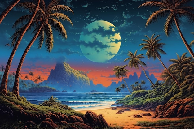 Obraz przedstawiający plażę z palmami i księżycem w tle.