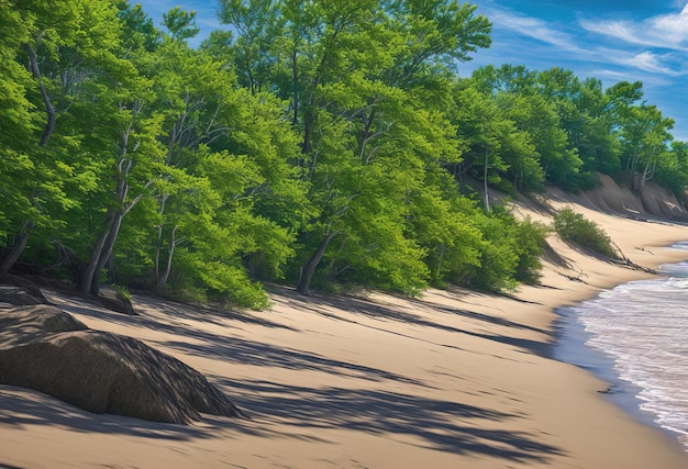 Obraz przedstawiający plażę z pniem drzewa na pierwszym planie