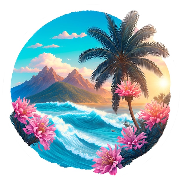 Obraz przedstawiający plażę z tropikalnym krajobrazem i górami w tle.