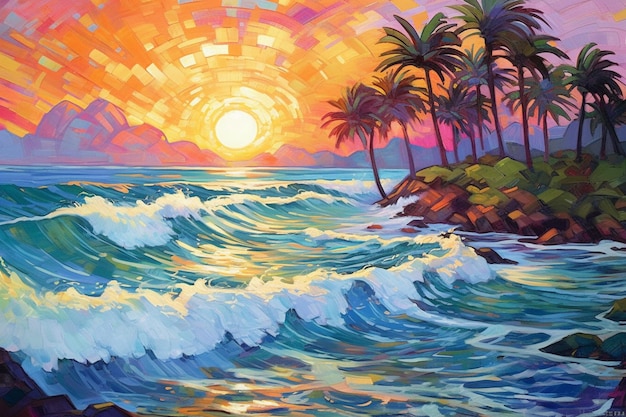 Obraz przedstawiający plażę z zachodem słońca i palmami