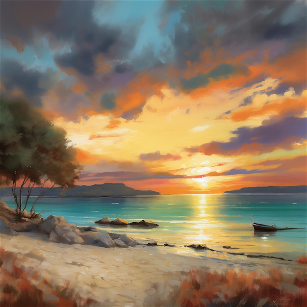 Obraz przedstawiający plażę z zachodem słońca w tle.