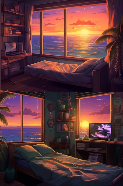 Obraz przedstawiający pokój z oknem z napisem zachód słońca.