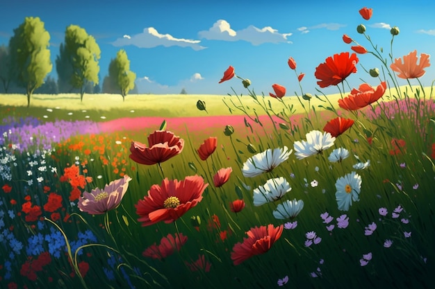 Obraz przedstawiający pole kwiatów na tle błękitnego nieba.