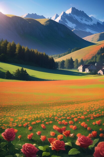 Obraz przedstawiający pole kwiatów w górach