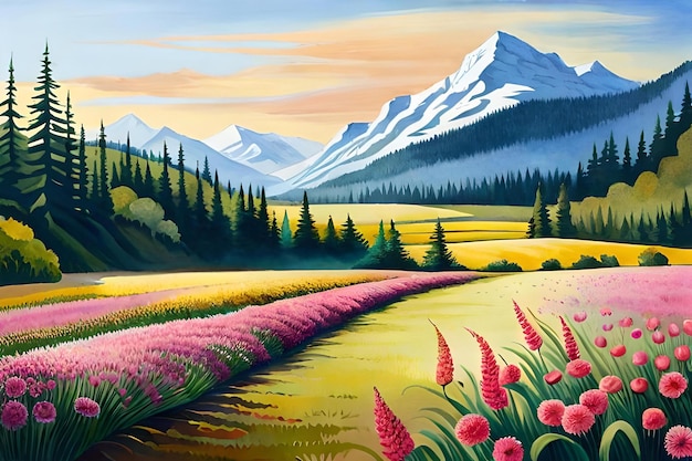 Obraz przedstawiający pole kwiatów z górami w tle