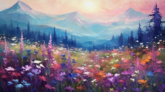 Obraz przedstawiający pole kwiatów z górami w tle.