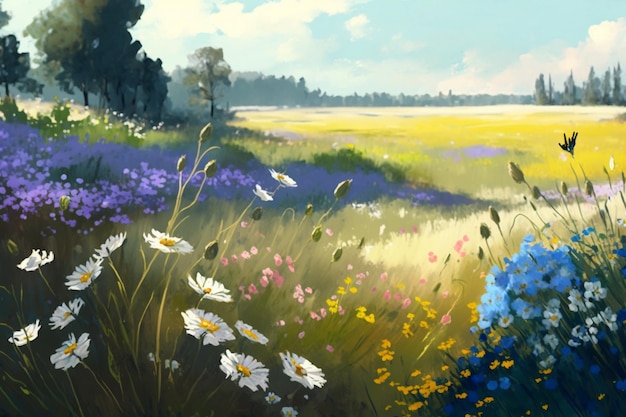Obraz przedstawiający pole z kwiatami i drzewami w tle.