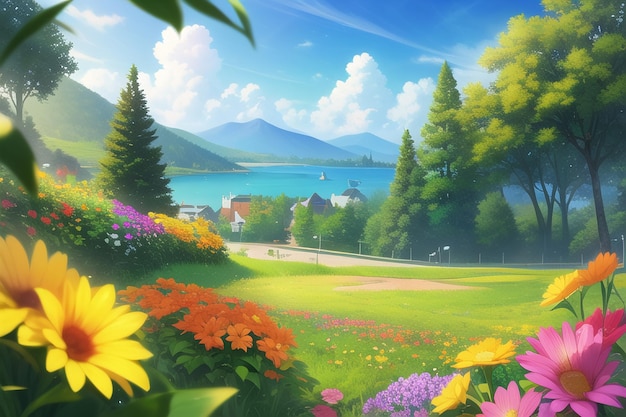 Obraz przedstawiający pole z kwiatami i jeziorem w tle.
